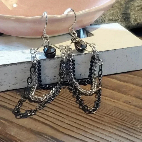 Handcrafted Gunmetal Grey Silver Graduated Chains Crystal Dangle Earrings - Picture 1 of 8